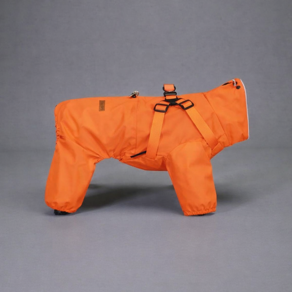 Giubbotto impermeabile arancione per cani con imbracatura integrata
