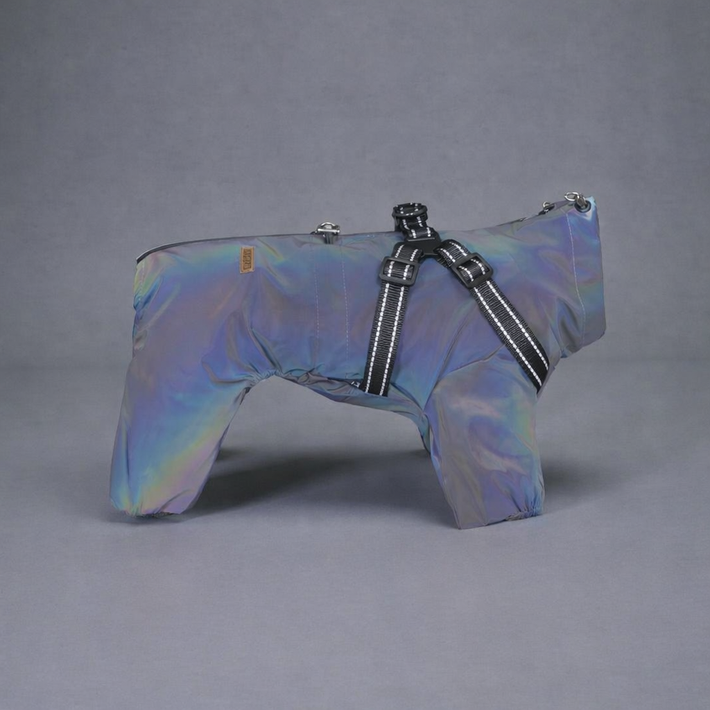 Giubbotto impermeabile riflettente per cani con imbracatura integrata
