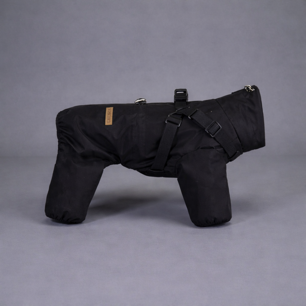 Giubbotto impermeabile nero per cani con imbracatura integrata
